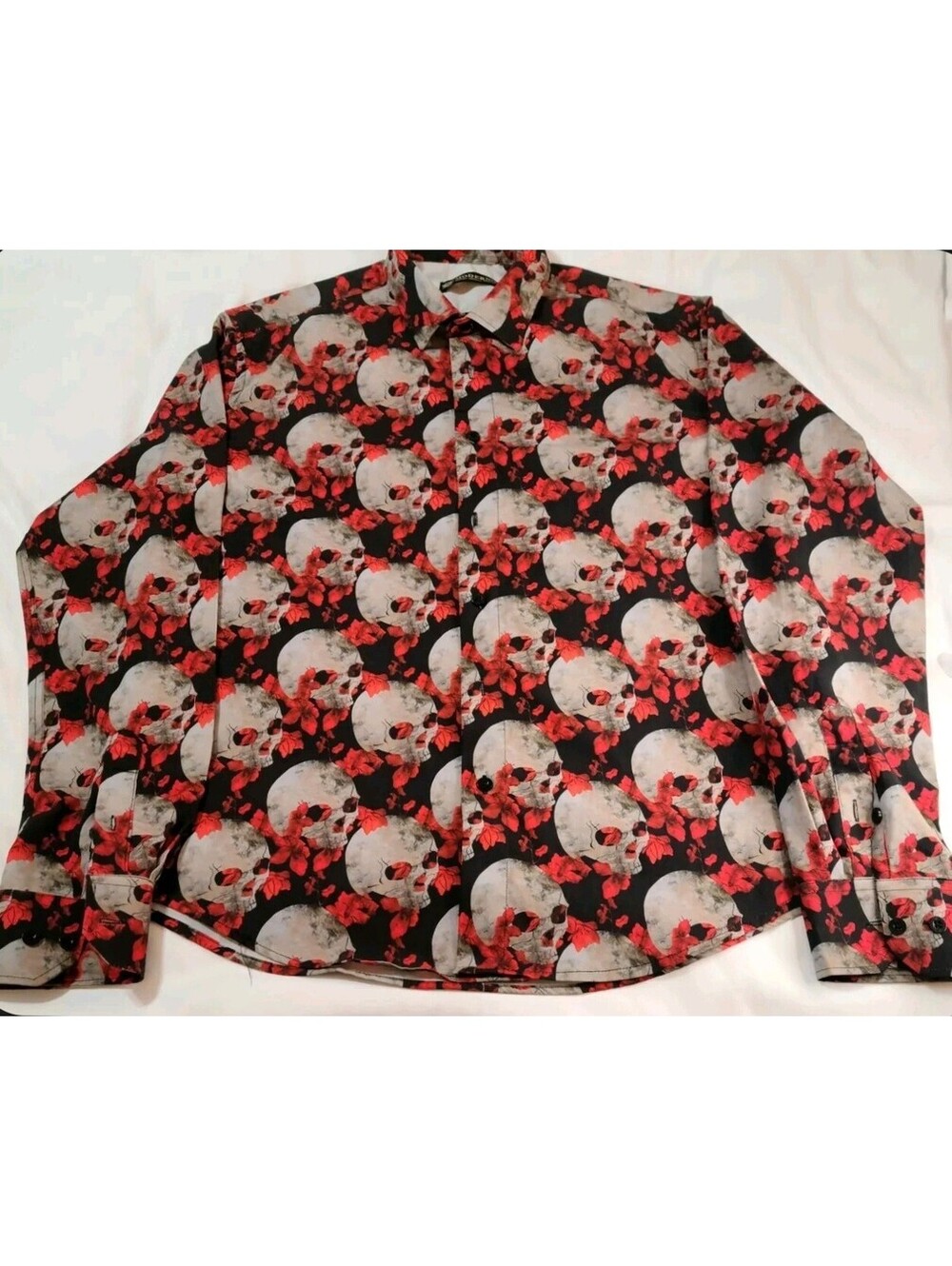 Moderna Skull LS Dress Shirt Mens Sz Small White Red Leaf AOP Goth Halloween EUC